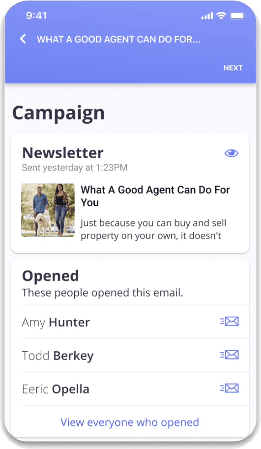 The prototype campaign screen: an Opened section listing Amy Hunter, Todd Berkey and Eeric Opella by name instead of an open count.