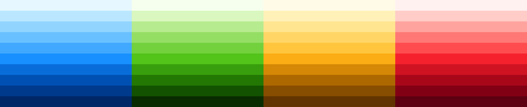 The Elevate color ramp: blue, green, amber and red columns, each running from a near-white tint at the top through a saturated mid step to a near-black shade at the bottom.