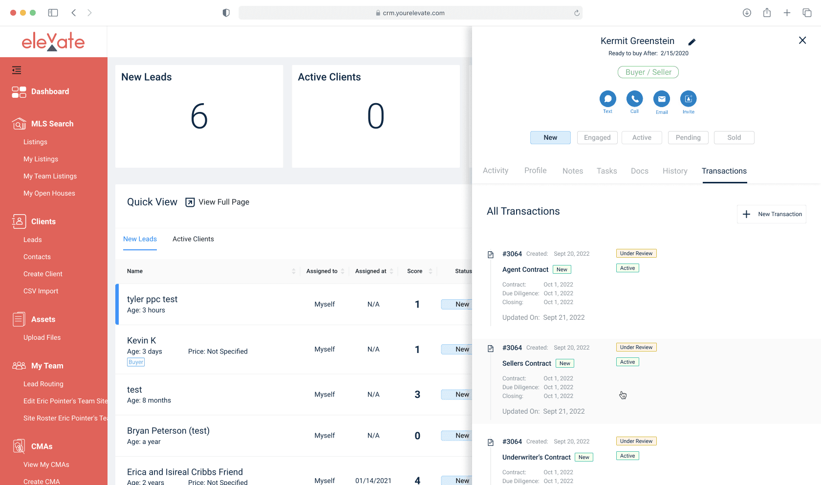 The legacy Elevate transaction side sheet on the old red theme, showing client Kermit Greenstein with a New, Engaged, Active, Pending, Sold pipeline, a Transactions tab, and three contract cards each listing contract, due diligence and closing dates.