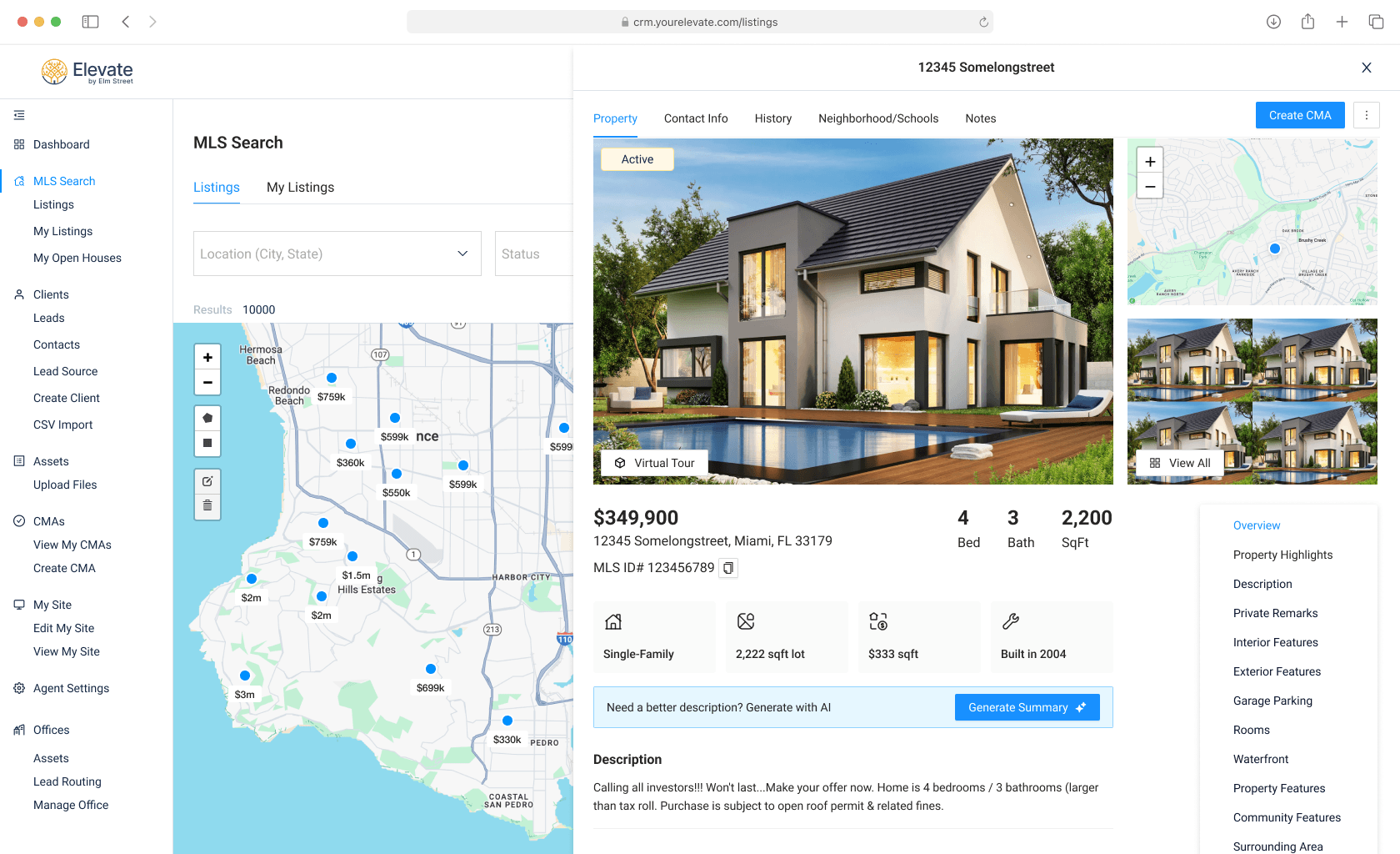 The Elevate MLS search screen with a listing drawer open over it. The drawer shows 12345 Somelongstreet with Property, Contact Info, History, Neighborhood/Schools and Notes tabs, a hero photo marked Active, a Create CMA button, price and bed-bath-sqft figures, a Generate Summary with AI prompt, and a section jump list on the right.