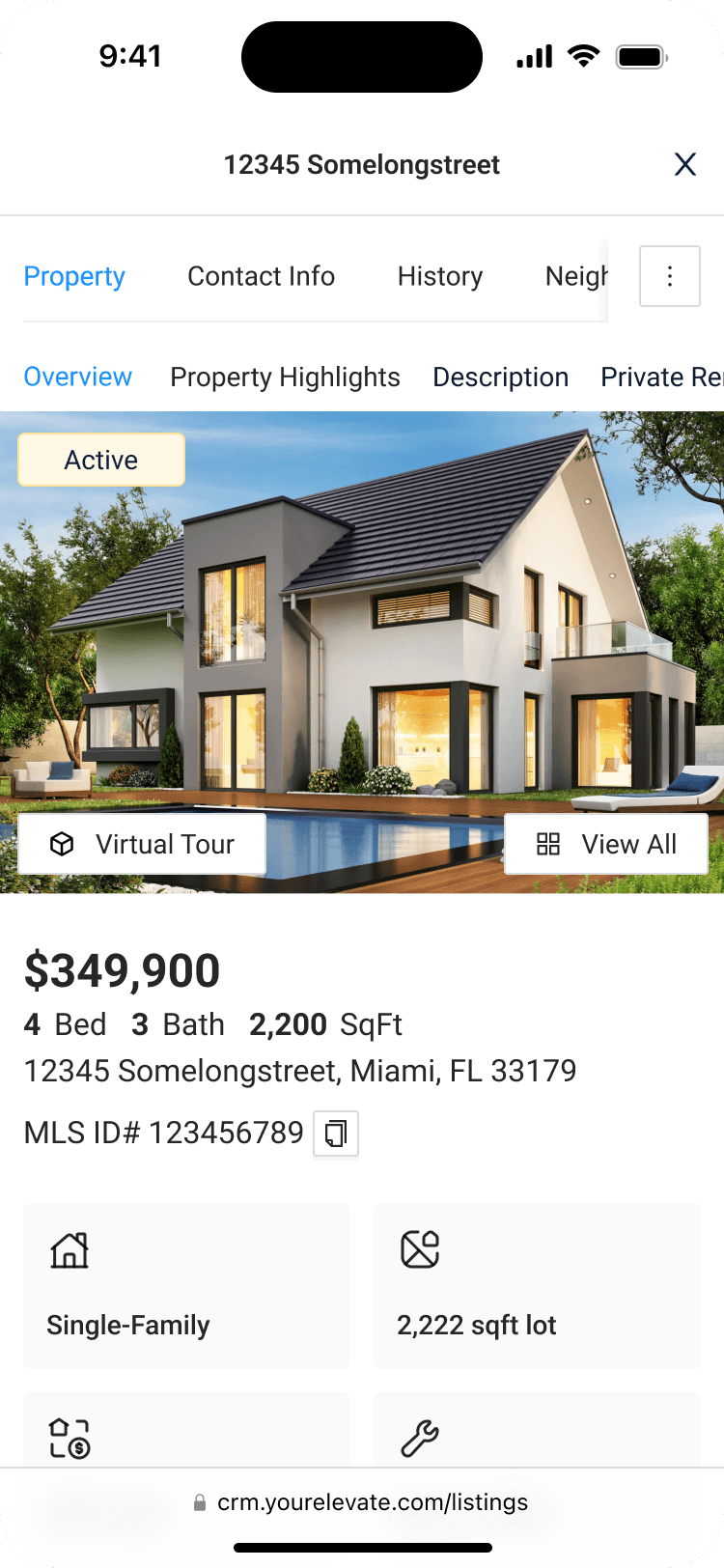 The listing drawer on a phone: 12345 Somelongstreet with horizontally scrolling Property, Contact Info, History and Neighborhood tabs, a second row of section links, the Active hero photo with Virtual Tour and View All buttons, and the price and property facts below.