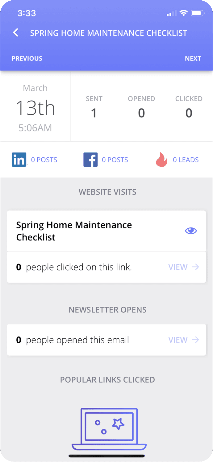 The shipped mobile campaign screen for a Spring Home Maintenance Checklist newsletter, showing Sent 1, Opened 0, Clicked 0, then zero website visits and zero newsletter opens.