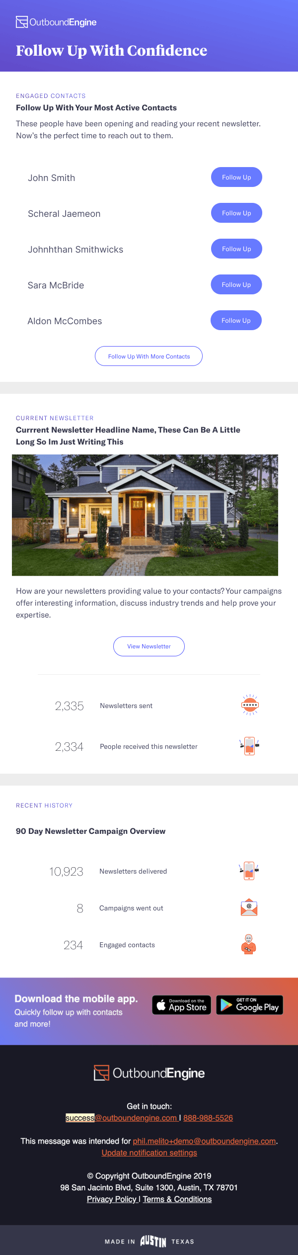 The redesigned campaign digest email, headed Follow Up With Confidence, opening on five named engaged contacts each with a Follow Up button.